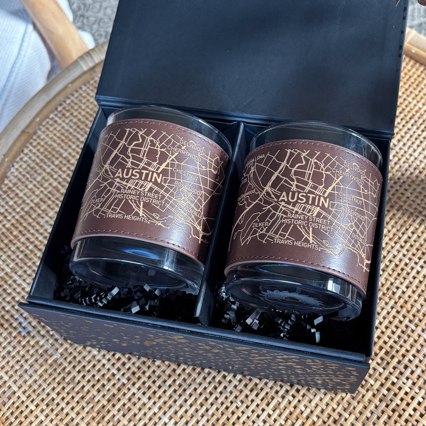 Leather Wrapped Del Mar DOF Whiskey Glasses - Box Set