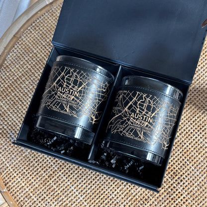 Leather Wrapped Del Mar DOF Whiskey Glasses - Box Set